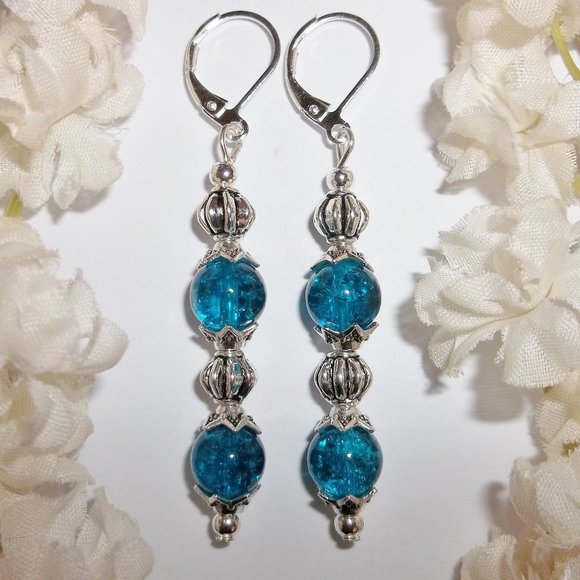 Dark Turquoise Blue Long Earrings Beaded Set 5642